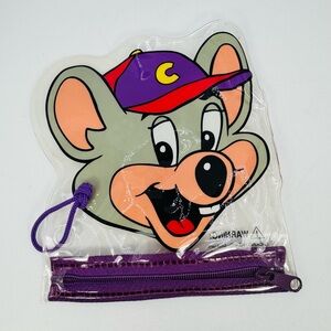 Chuck E Cheese Plastic Zip Up Clear Pouch Purple Face 2000’s 6 Inch